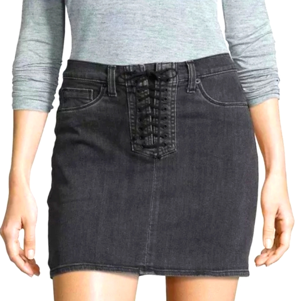 Hudson NWT Womans High Rise Bullocks Black Denim Lace Up Mini Skirt‎ Size 28